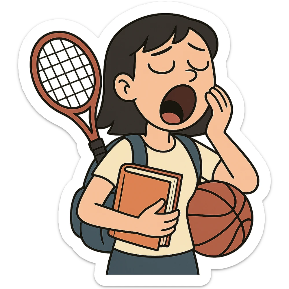 female student with black hair, yawning, holding a book and sports equipment, tired, flat toon style sticker