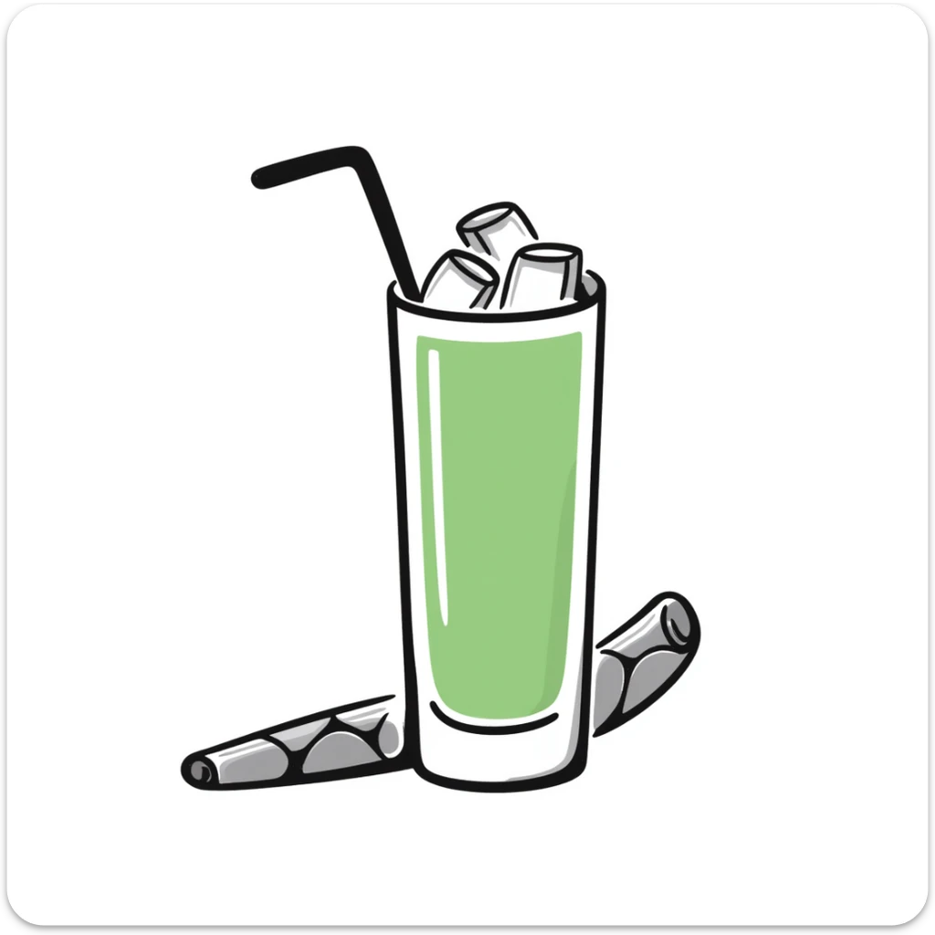 Hand-drawn glass of sugarcane juice with ice cubes, light green liquid, and a piece of sugarcane beside it sticker