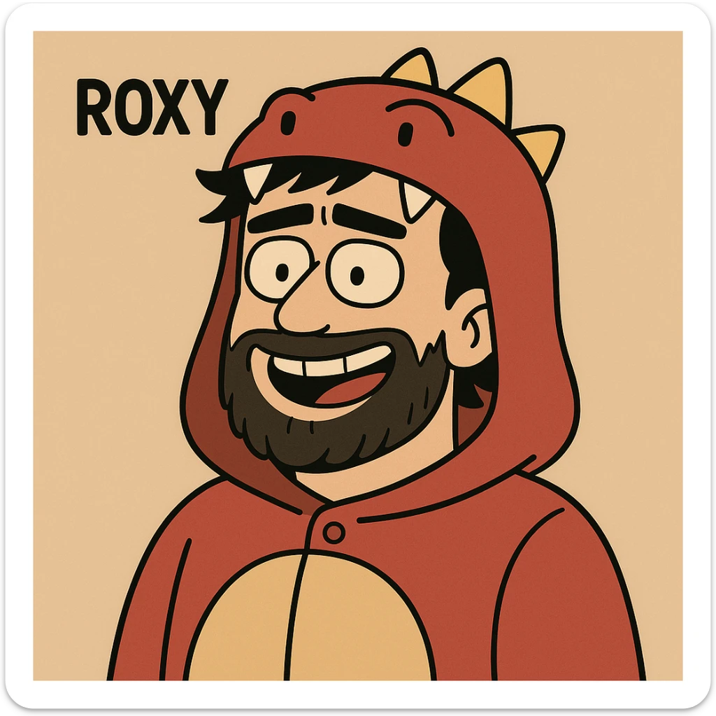 cartoon face of Roxy inspired by the reference image, red dinosaur onesie hood, dark hair, beard sticker
