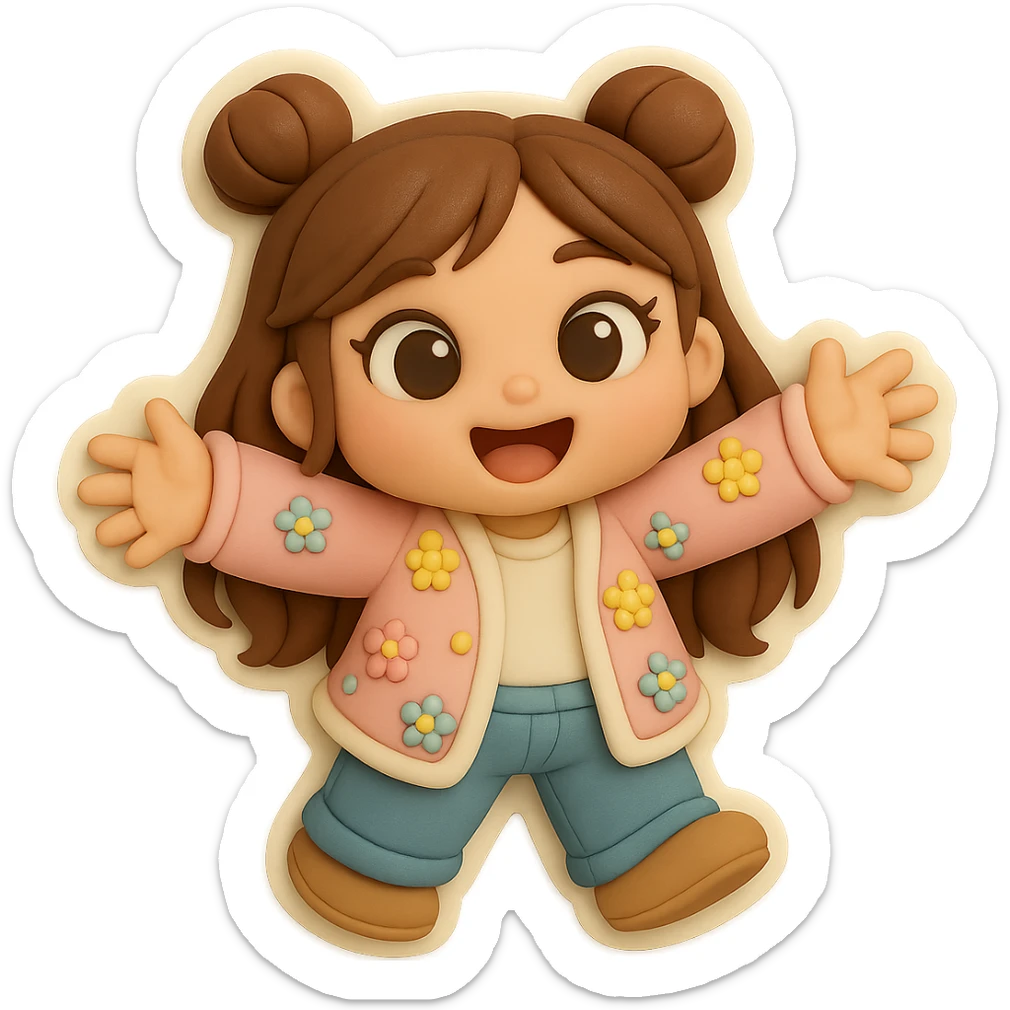 3D chibi fondant cake art style, high-quality rendering with smooth shadows and soft gradients. Girl based on reference image with preserved facial features and eye shape, long brown hair in two space buns, brown eyes, jeans, pastel floral cardigan, shoes, thick white outline like a sticker, transparent background. Reaching out both arms for a joyful hug. Ensure the face, hairstyle, eye shape, and shoes match the reference exactly. sticker