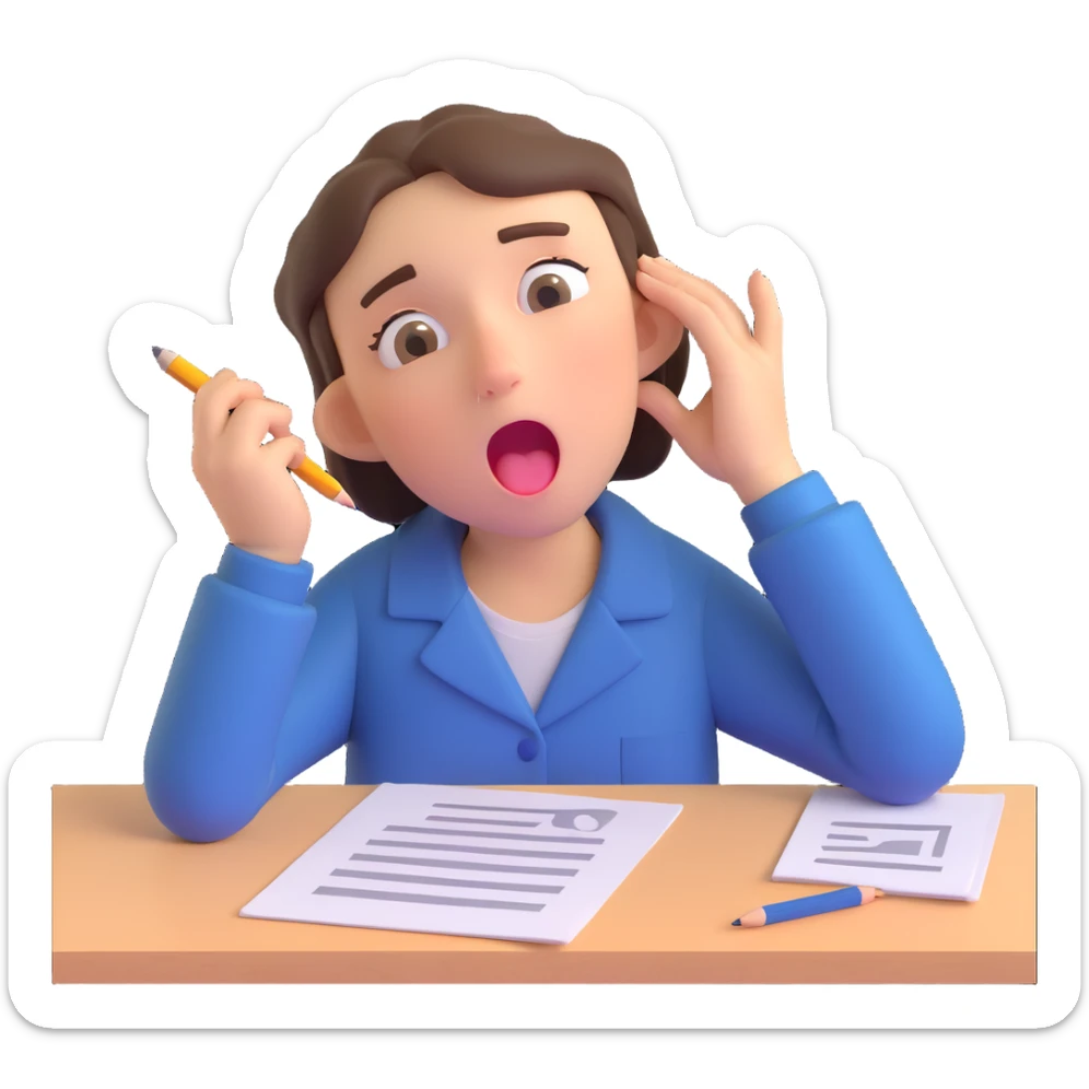 emoji of a person with a pencil behind their ear, yawning, with dark circles under their eyes and exam papers scattered around sticker