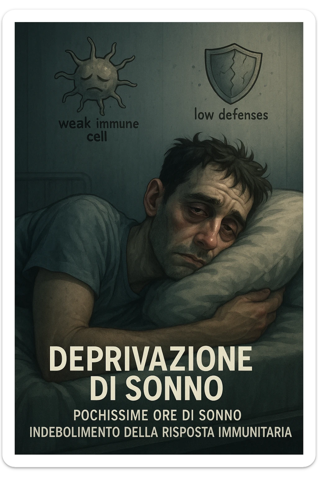 vertical realistic cinematic illustration of a man who sleeps very few hours, visibly tired in bed, with a weakened immune system represented by weak immune cells and low defenses, clinical atmosphere with dramatic lighting, Italian captions, aspect ratio 2:3 sticker
