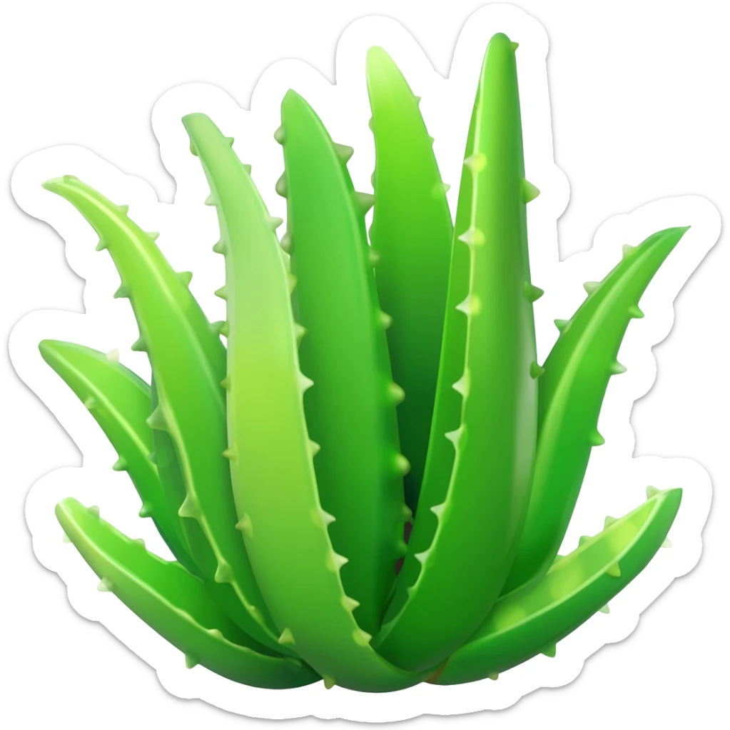 Cinematic Realistic Aloe Vera Emoji, Plump and succulent, with thick, fleshy leaves and spines. cut, with transparent gel sticker
