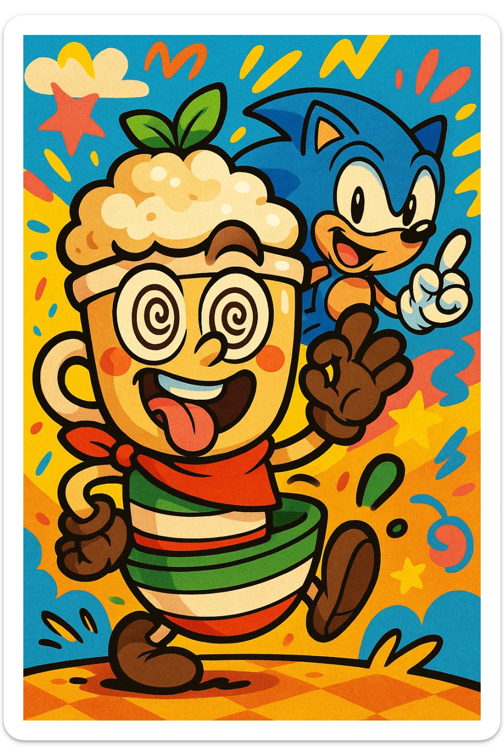 A brainrot cappuchina with Italian flair, Sonic the Hedgehog visible behind, cartoonish and energetic style, playful and colorful composition. sticker