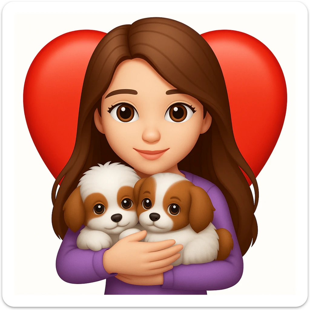 Add a heart background behind the girly girl with long hair cuddling a puppy in the style of emoji (apple style emojis). Keep the emoji style look and feel. sticker