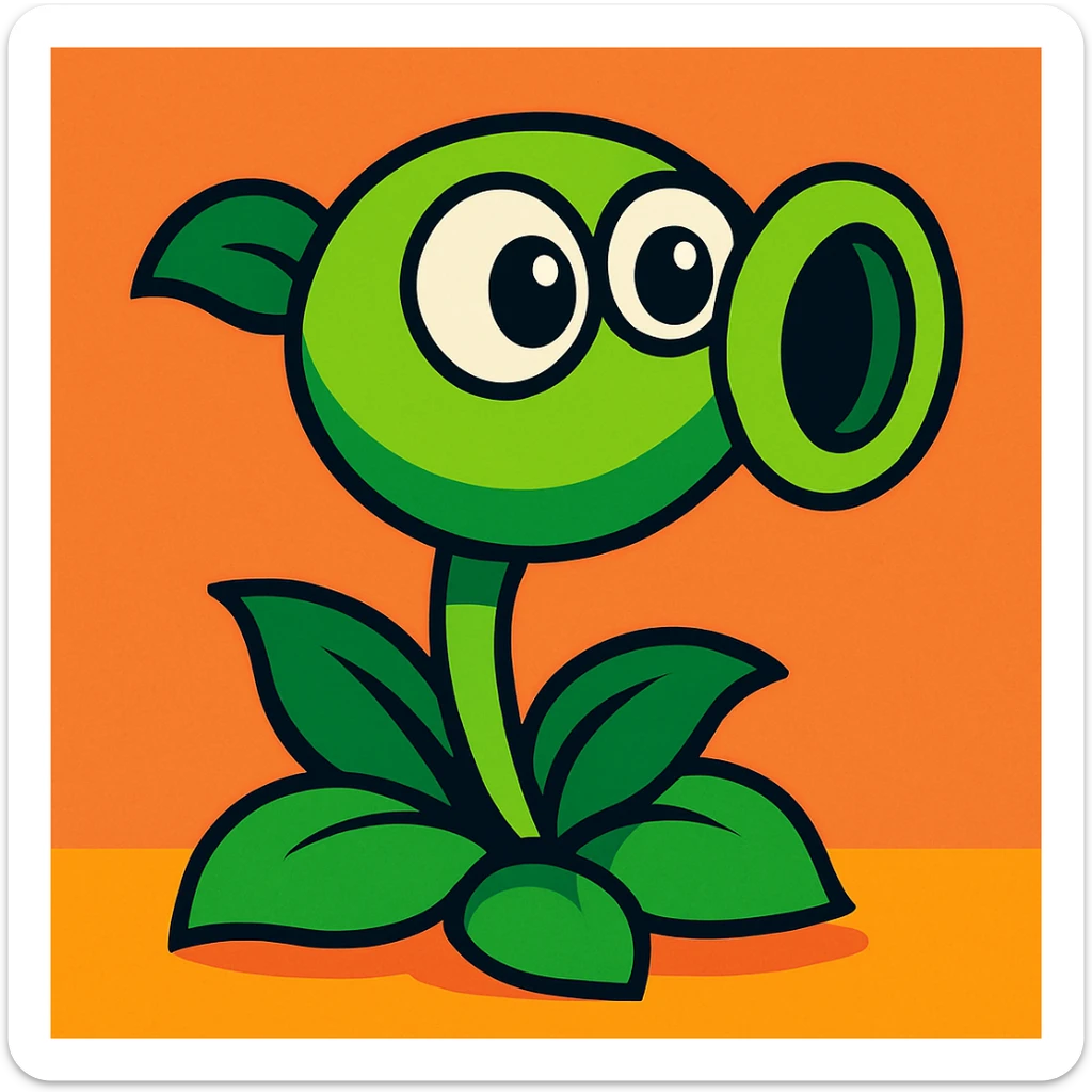 cute pea shooter plant with big eyes and green stem, inspired by Plants vs Zombies sticker