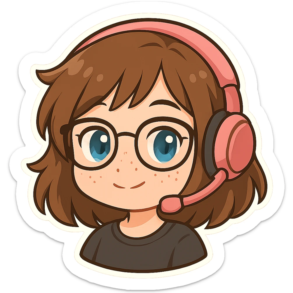 Chibi woman with shoulder length choppy brown hair, pink gaming headset, freckles, glasses, and blue eyes, happy expression, chibi stickers style, no background. sticker