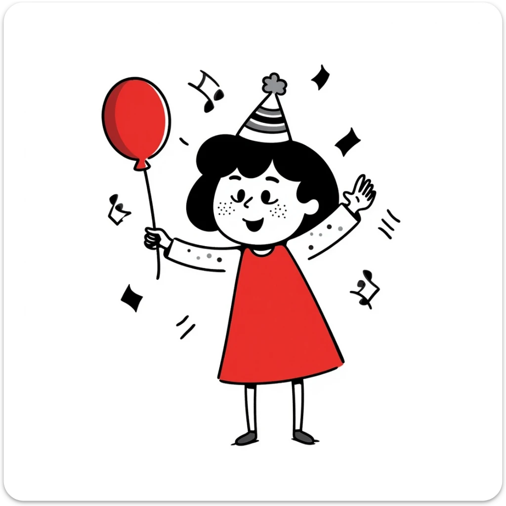 A girl in a red dress celebrating at a party sticker