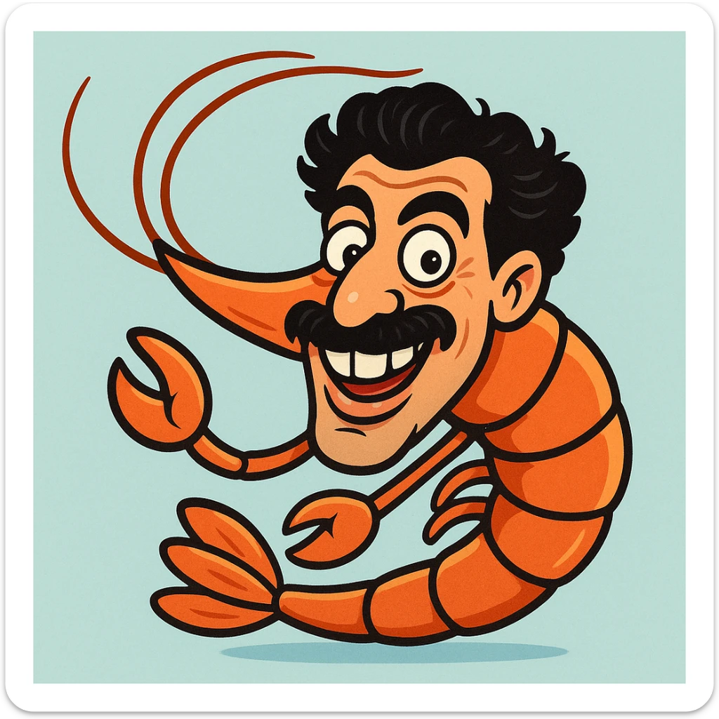 a shrimp with a human face resembling Borat, playful and fun, cartoon style sticker