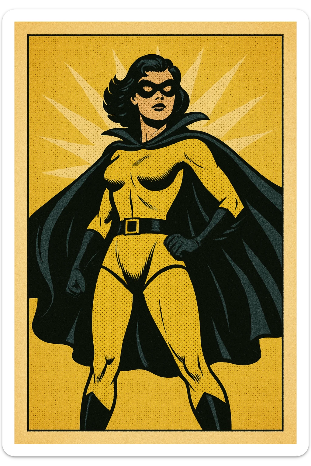 superheroine costume, yellow and black, retro style, dramatic cape, domino mask, heroic stance sticker