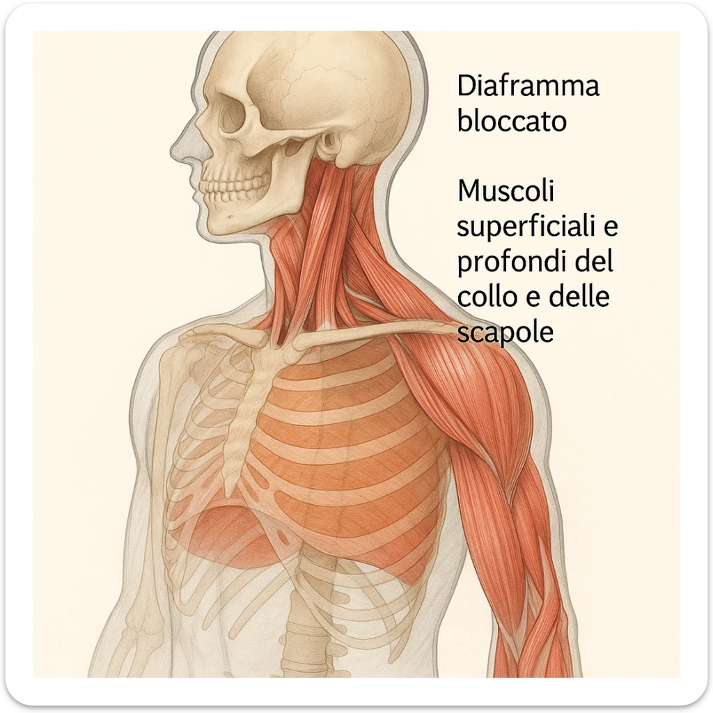 illustrazione con effetto trasparenza che mostra diaframma bloccato e muscoli superficiali e profondi del collo e delle scapole, didascalia in italiano sticker