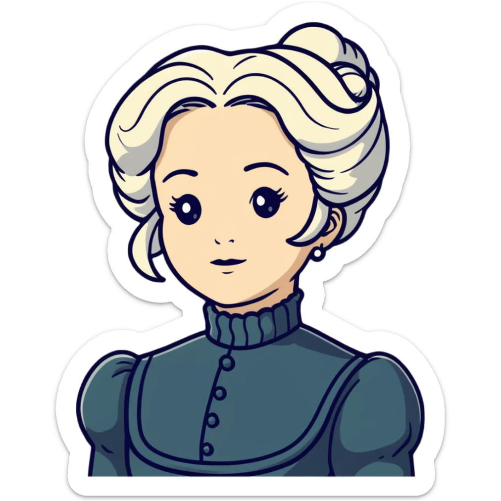 Victorian woman with white coiffed hair, modest turtleneck Victorian dress, and an awestruck expression sticker