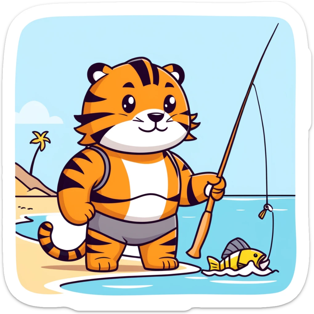 Male Tiger wearing a helmet and bathing suit fishing at the beach.  sticker