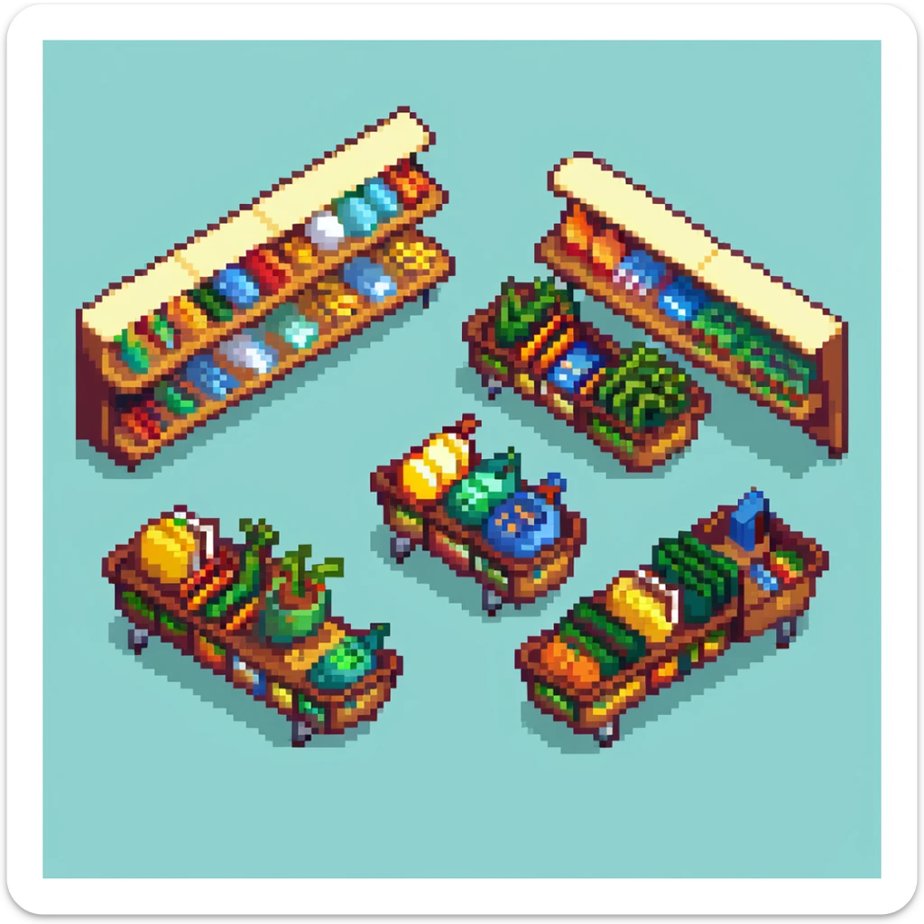 Isometric view of a supermarket with shelves of products, shopping carts, and checkout counters sticker