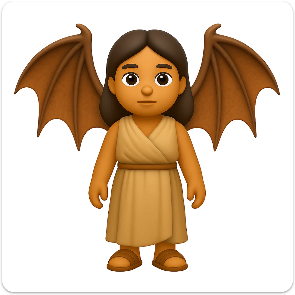 Convert this exact woman to a 3D Apple iPhone emoji style. She should wear an ancient ordinary outfit and have realistic dragon wings, resembling a 3D Apple emoji style. sticker
