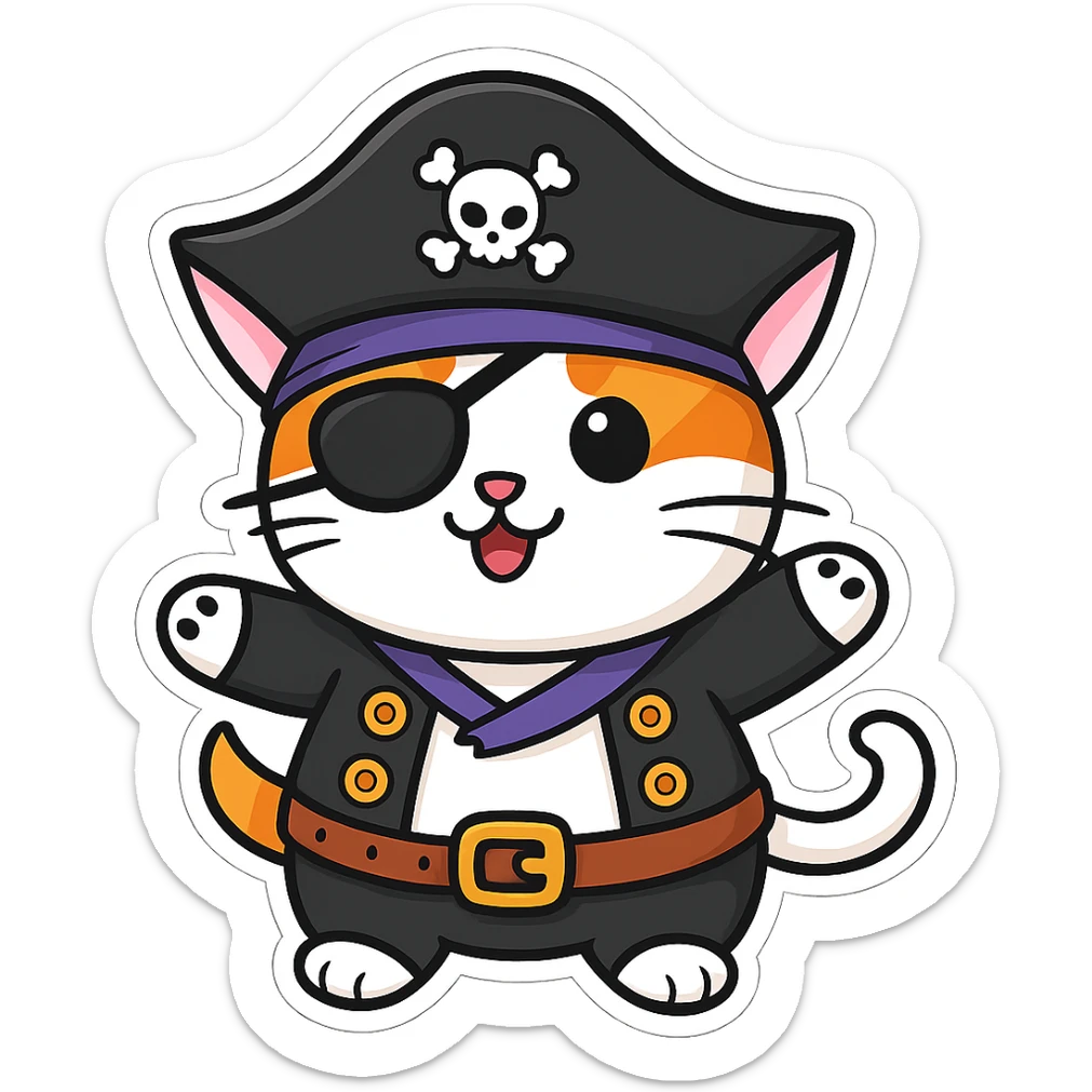 Add an eyepatch to the pirate cat waving, in the style of sticker (cartoonish stickers). Keep the sticker style and no background. sticker