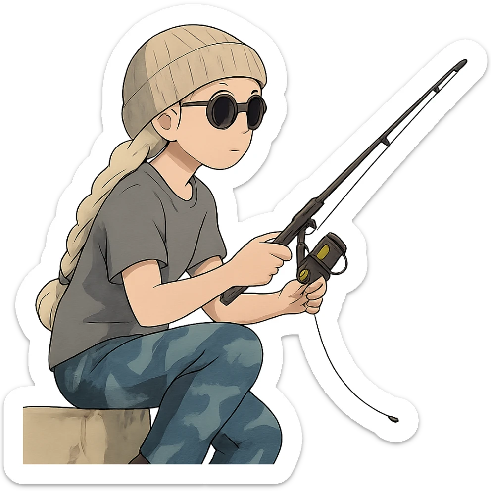 1 female, long white braid, knit cap, dark sunglasses, GRAY T-SHIRT, blue camo pants, KNEELING AND FISHING WITH A TRAVEL FISHING POLE OVER THE LEDGE sticker