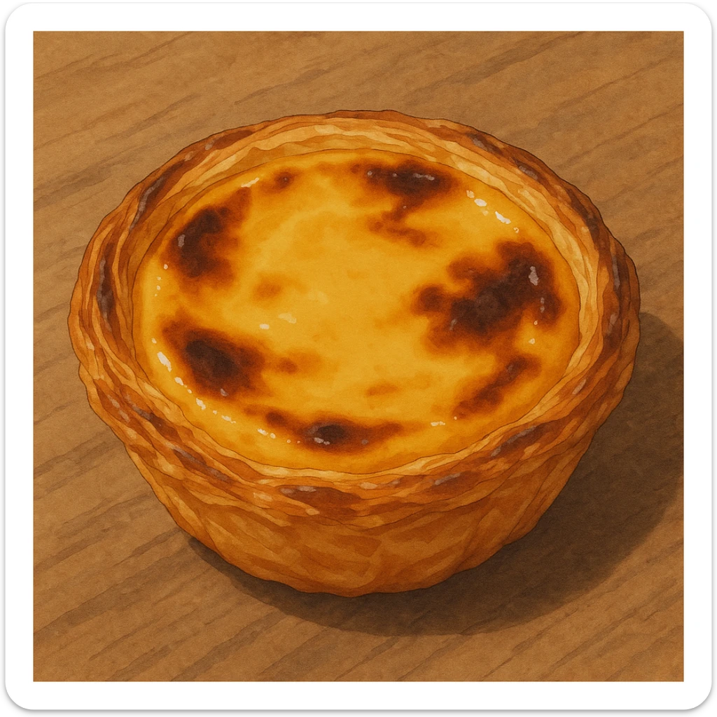 realistic illustration of a typical Portuguese pastry, pastel de nata, golden custard tart in a flaky crust, ghibli style sticker
