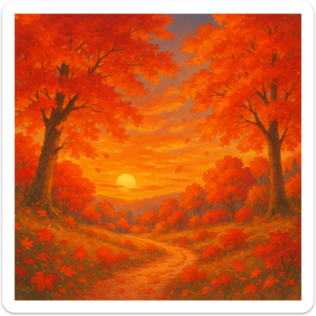 fall season sunset with vibrant autumn colors, colorful leaves, cozy atmosphere in ghibli style sticker