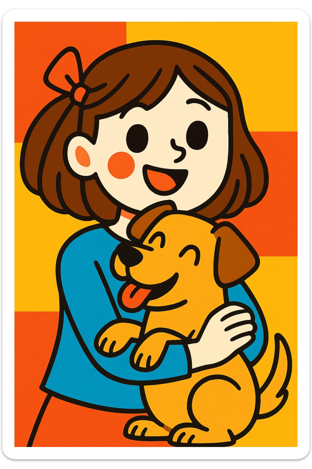 A pale girl with brown shoulder-length hair tied with a ribbon hairclip, holding a dog sticker