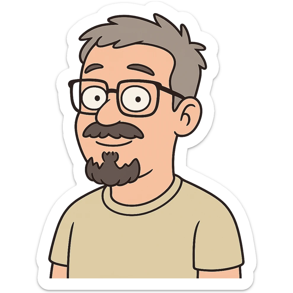 portrait with short gray hair, glasses, mustache and short goatee, cartoon style sticker