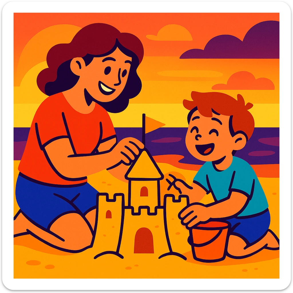 Cartoonish mother and son building a sandcastle together at sunset, playful and joyful sticker