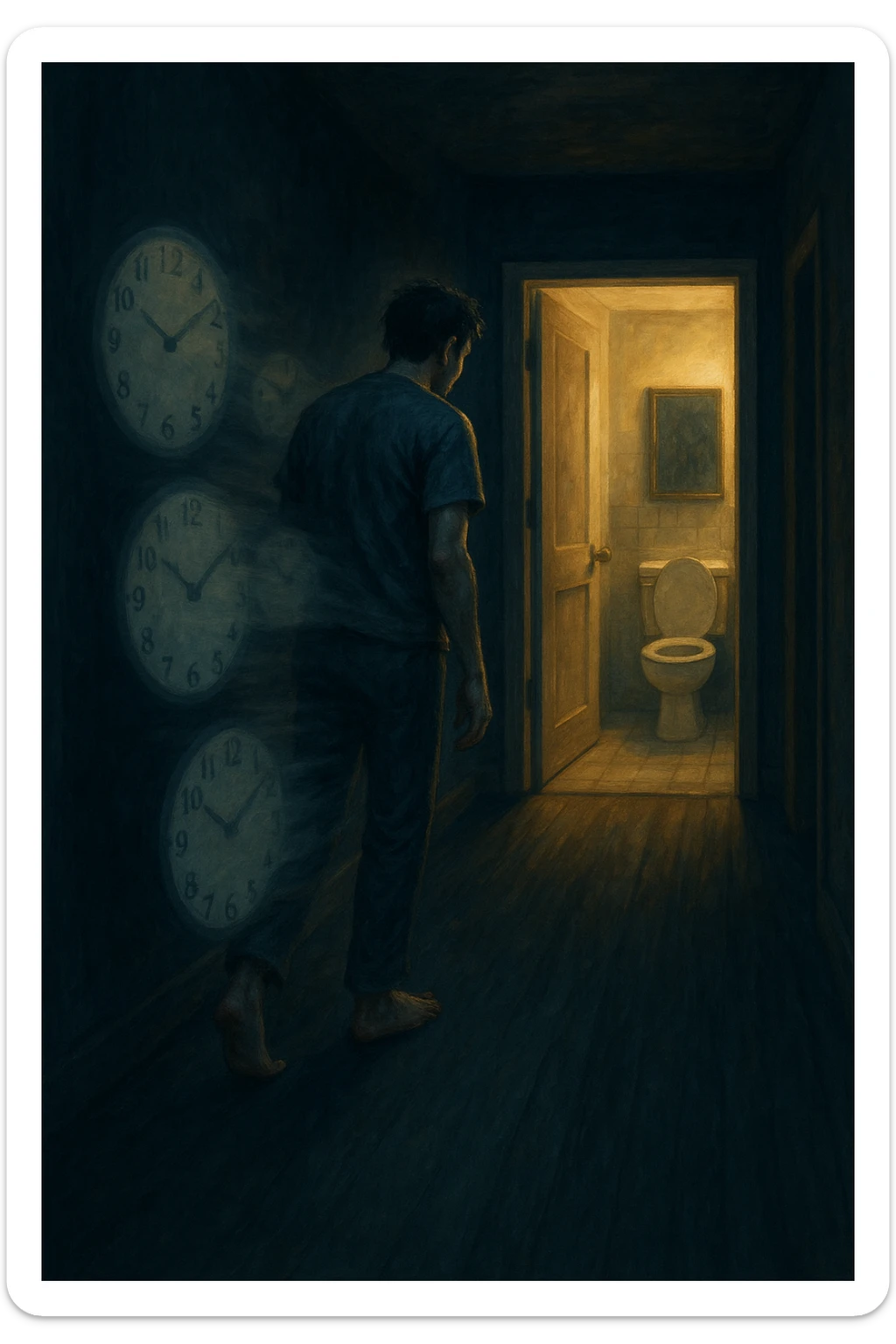 In una scena notturna onirica, un uomo cammina a piedi nudi in un corridoio buio verso un bagno illuminato, ripetutamente. Dietro di lui, come in una scia, ci sono orologi sfocati che simboleggiano il sonno interrotto. Ogni passo è lento, stanco, come se il corpo chiedesse riposo ma la vescica non lo permettesse. sticker