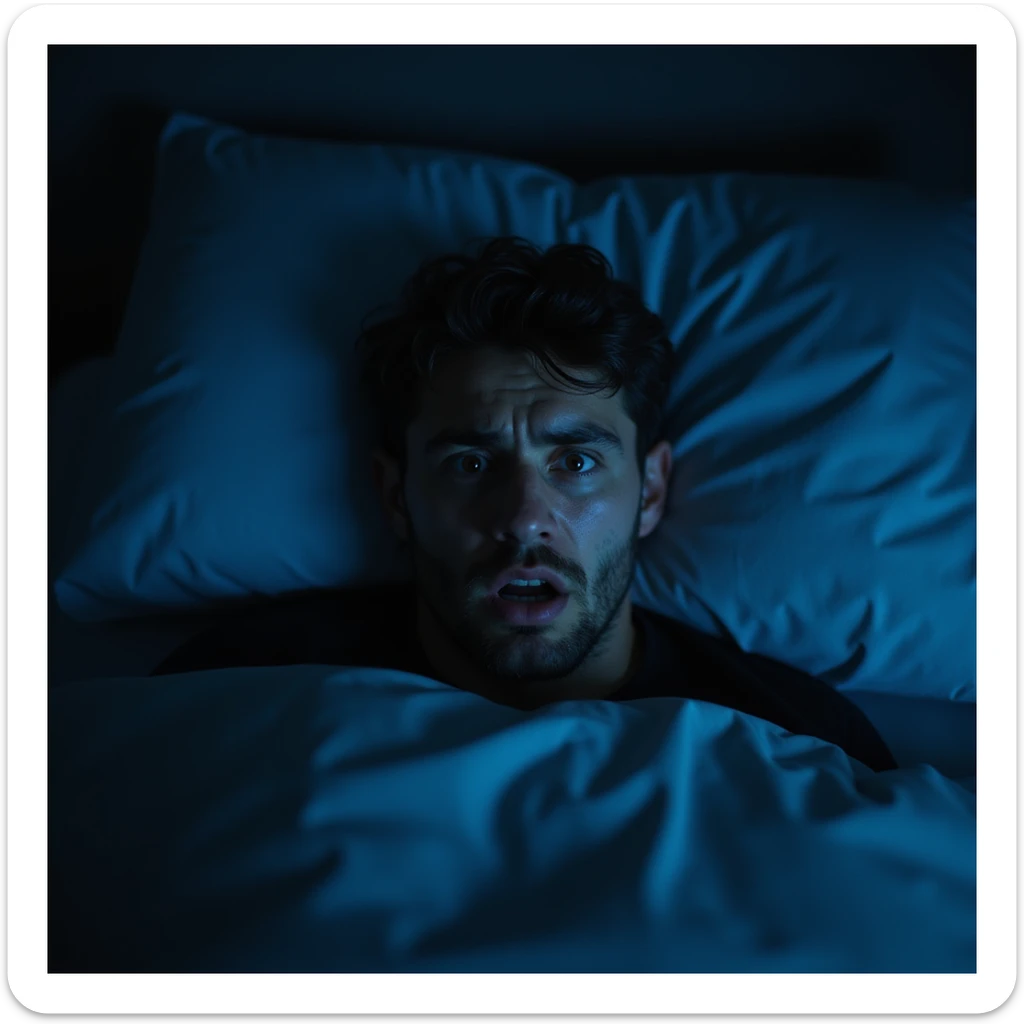 man suddenly waking up in the middle of the night, worried and anxious face, dark room with blue light, realistic hyperrealistic details, 4K quality sticker