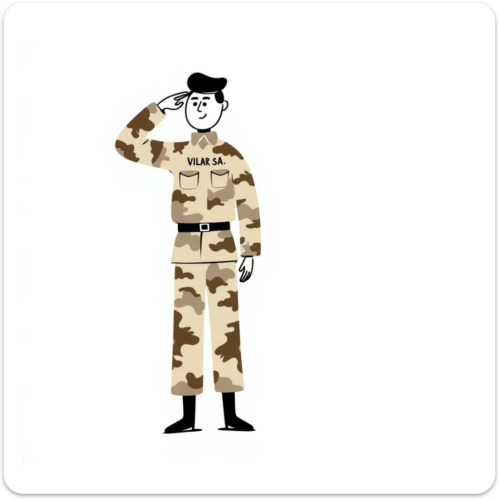 soldadito con uniforme camuflado en tonos beige, marrón y crema, con la inscripción 'Vilar S.A.' en el pecho, haciendo saludo militar, estilo dibujo a mano alzada sticker