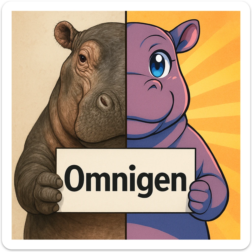 a hippo holding sign of omnigen, half picture hippo is realistic another hald is the anime of that same hippo sticker