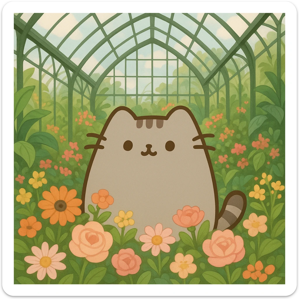 scottish fold pusheen cat surrounded by flowers in a botanical garden greenhouse sticker