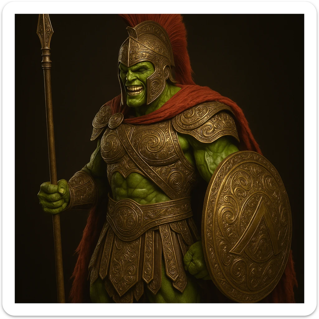 Enhance the armor with intricate Spartan details, ornate engravings, and realistic metallic textures, keeping the Mask's green face and ancient Greek warrior style. sticker