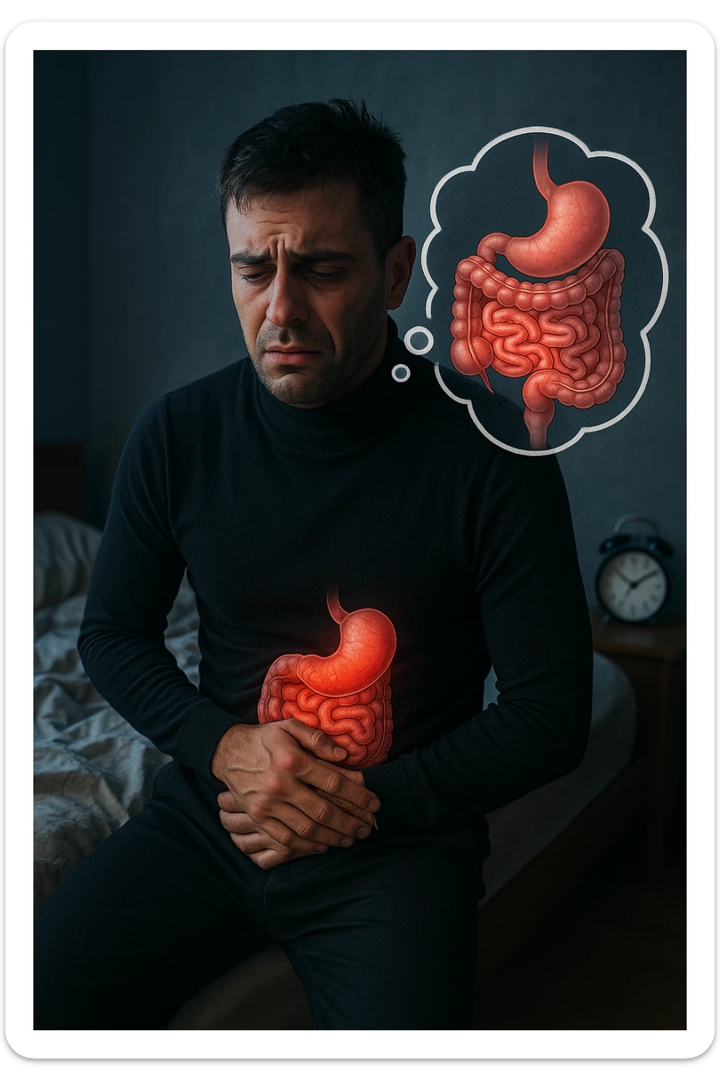a tired-looking man sits on the edge of his bed at dawn, holding his stomach with a pained expression. Dark circles under his eyes and a messy bed indicate poor sleep. In the background, a clock shows early morning hours, and a thought bubble or overlay highlights digestive organs, emphasizing intestinal discomfort linked to sleep deprivation. sticker