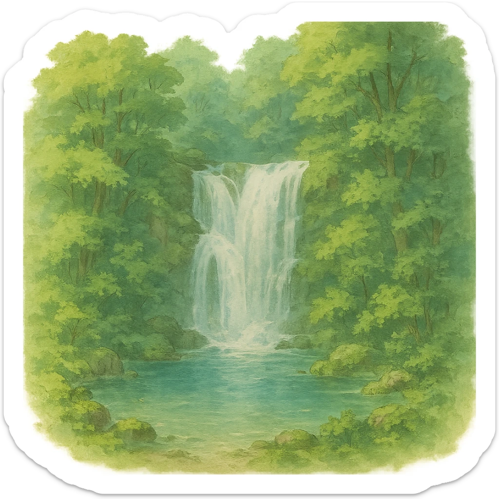 waterfall then lake and the rest of the waterfall in forest, natural colors, soft, fairy-like atmosphere, no background, square size sticker
