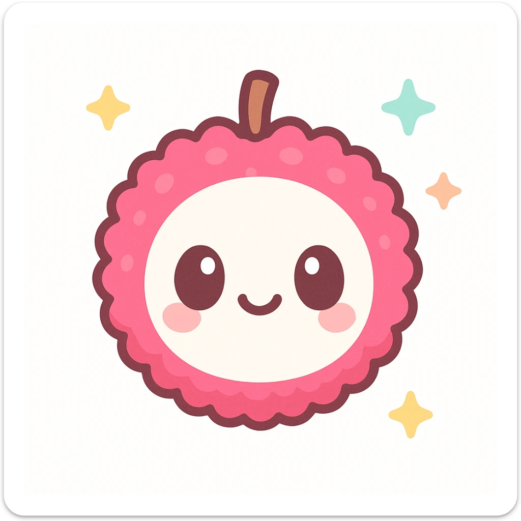 playful colorful kawaii lychee emoji, round white face, big shiny eyes, happy smile, bright pink bumpy skin, small brown stem, glossy 3D look, soft shading, detailed texture, cheerful expressive plush toy style sticker