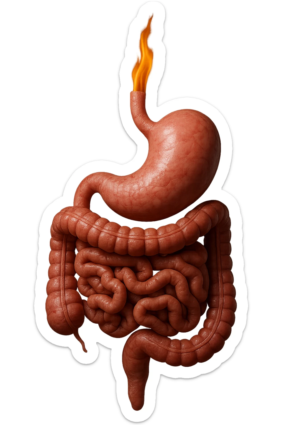 intestino e stomaco sono collegati, con una fiamma che brucia sopra, iperrealistico 4k, non disegnato sticker
