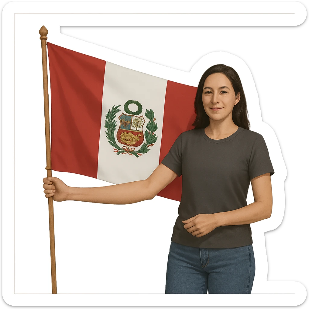 hombre o mujer sujetando la bandera nacional de Perú, estilo realista simplificado sticker