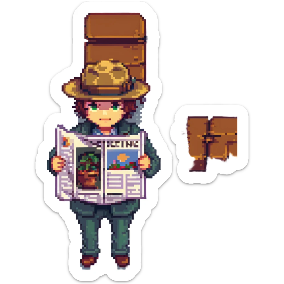 detective holding a newspaper in front of their face, only the detective's hat visible above the newspaper, pixel art style sticker
