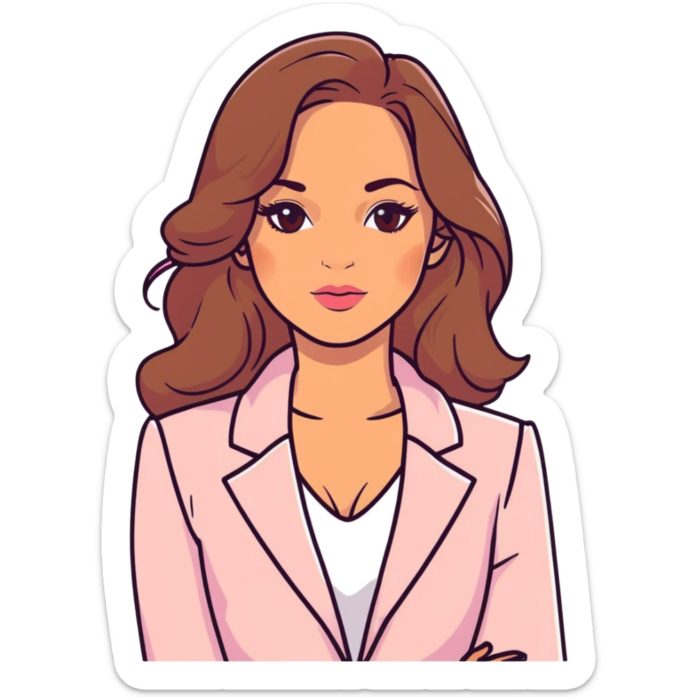 A 30-year-old woman with tanned skin, light brown long wavy hair, delicate face, almond-shaped eyes with smoky foxy eye makeup, brown eyes, wearing a light pink blazer and white satin cowl neck blouse with thin straps sticker