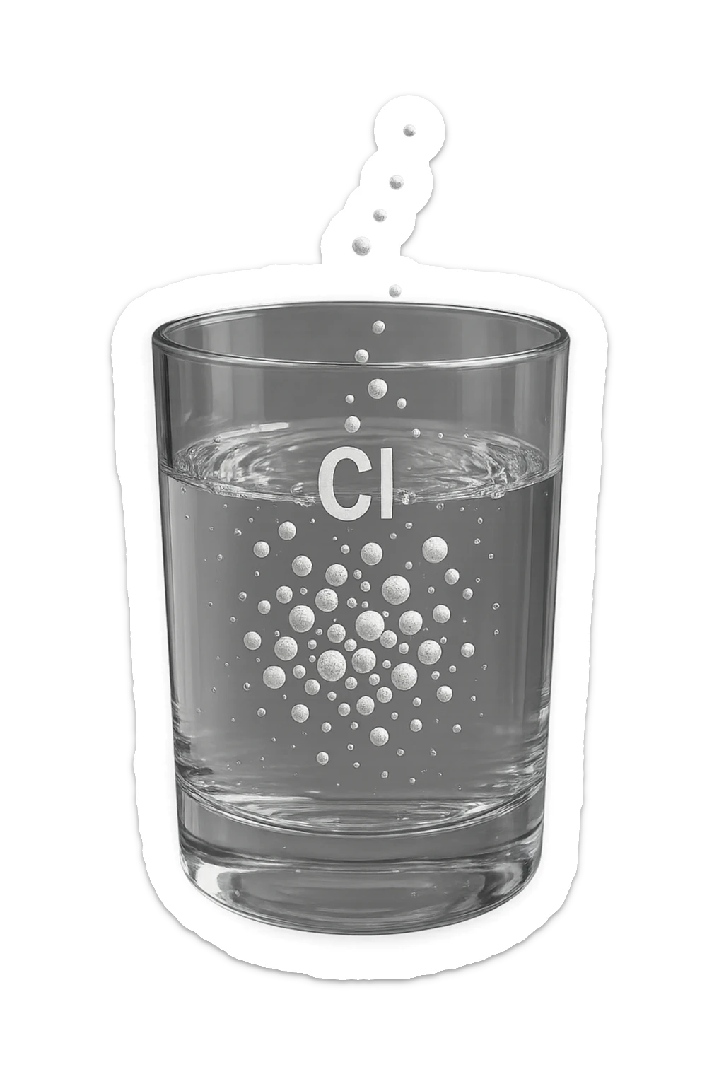 un bicchiere di acqua fluttua in aria realistico e dettagliato, dentro l'acqua del bicchiere ci sono particelle di cloro ben visibili con la scritta "Cl" sopra, ci sono particelle anche che escono dal bicchiere e fluttuano in aria verticalmente, mentre alcune sono all'interno dell'acqua nel bicchiere, iperrealistico 4k sticker