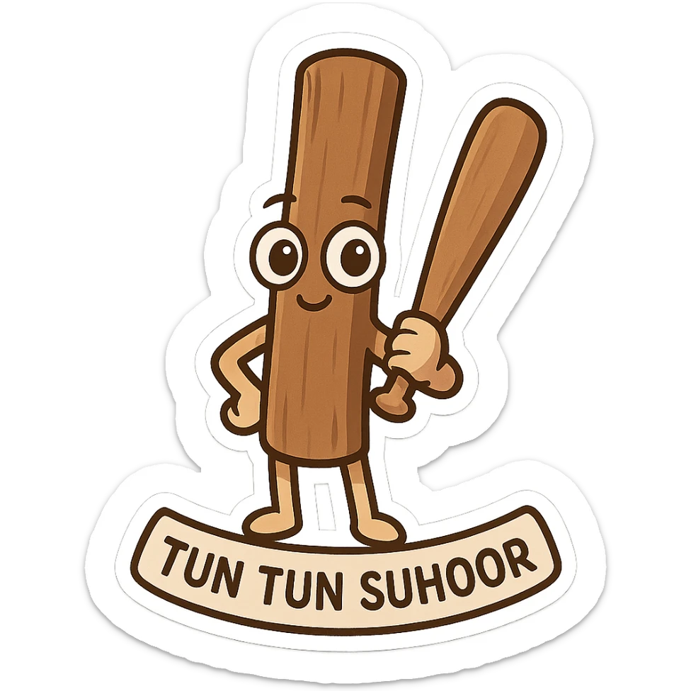 Chibi emoji of a wooden stick character (Tun Tun Suhoor), smooth brown stick body, big cartoon eyes and small smile on wood, human arms and legs, holding a wooden bat, funny and absurd meme energy, no text sticker
