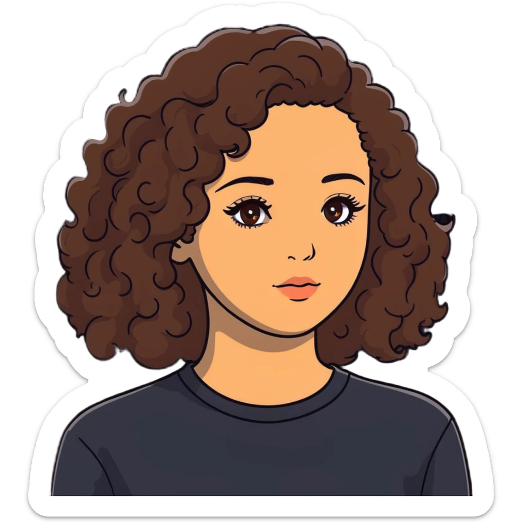 20-year-old woman with long curly brown hair, small hazel eyes, long eyelashes sticker