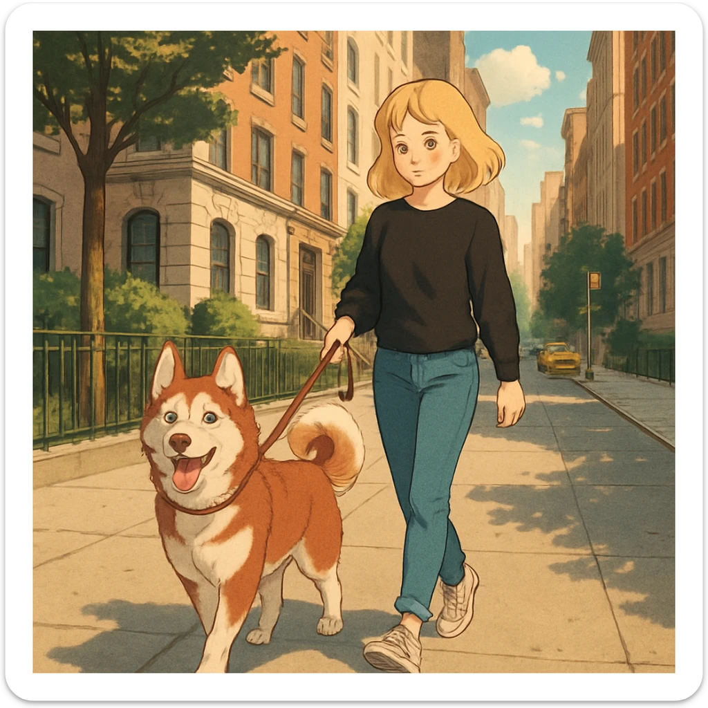 Cute Blonde woman wearing a black sweater and jeans and white sneakers walking a happy red-brown blue-eyed Siberian husky in New York City on an upper east side city sidewalk  sticker