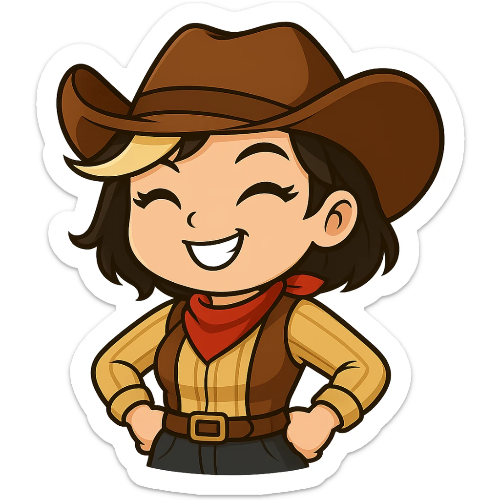 Chibi cowgirl with short hair and a blonde streak, wearing a cowboy hat and western outfit, no guns, chibi/anime style, transparent background, sized for Twitch or Discord use. Pose: hands on hips, big confident smile. sticker
