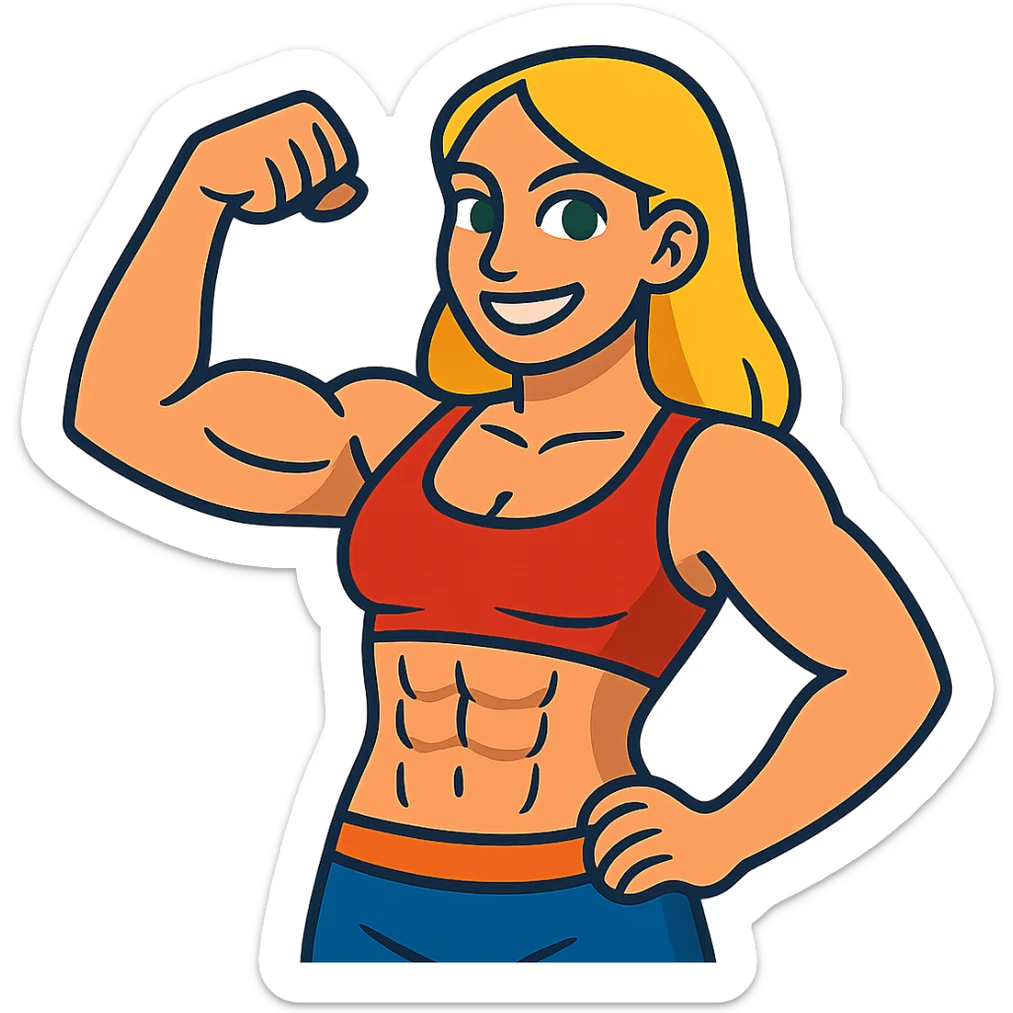 muscular white girl with blonde hair and green eyes, flexing 6 pack abs and one arm bicep sticker