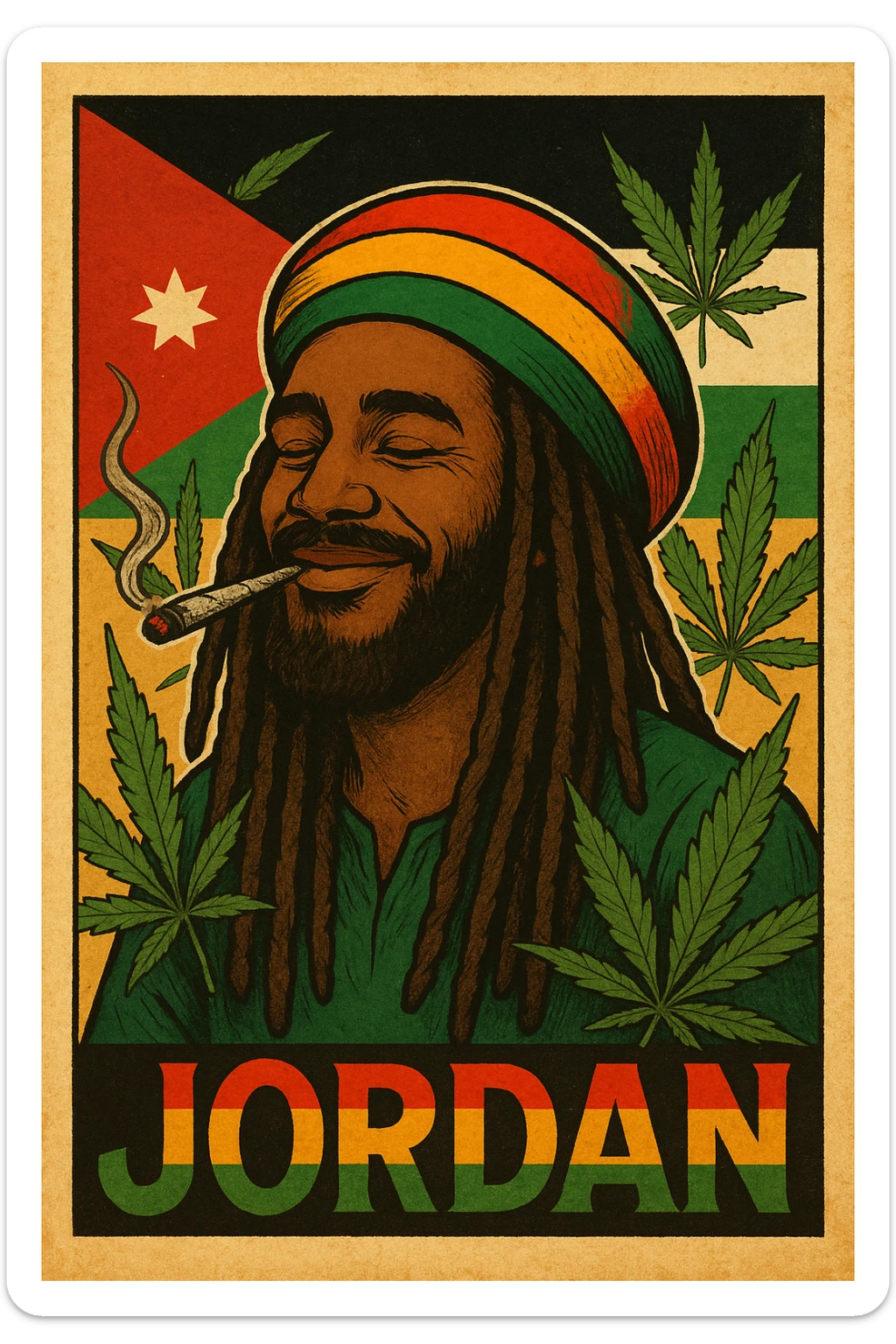 A digital vintage-style poster illustration of a Jordanian Rasta man with dreadlocks, wearing a red, yellow, green striped tam hat. He is smiling peacefully with a lit herbal spliff in his mouth. The background features the official Jordan flag — black, white, green horizontal stripes with a red triangle and a white 7-point star — accurately displayed behind him. Cannabis leaves are tastefully arranged around the composition, and the poster includes Rasta color textures blended with the Jordanian palette. Use a retro poster style with warm, slightly aged textures, bold outlines, and soft shading to evoke a soulful reggae vibe that honors both Jordanian pride and Rasta spirit. The mood is chill, powerful, and respectful sticker