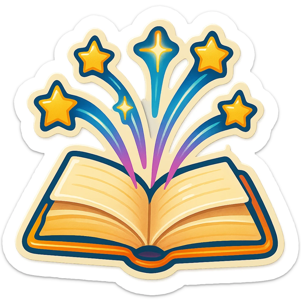open book with only stars and glowing lines flying out, no twigs or leaves, retro sticker style, shadows and highlights sticker