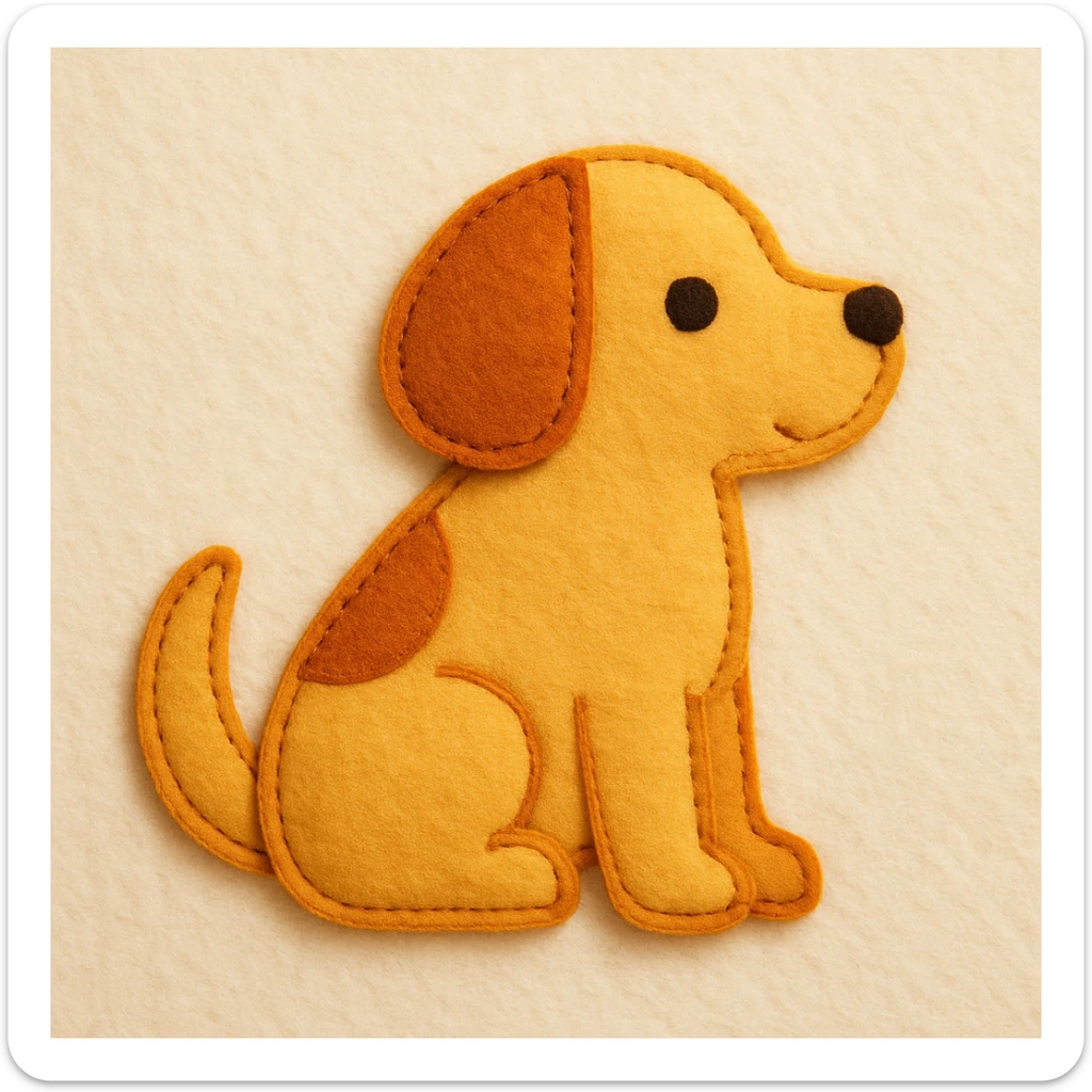 Minimal felt appliqué icon of a dog with soft, handcrafted felt look, lightly padded forms, simple shapes, clean outlines, medium-thickness orange or brown stitched edge, soft matte felt texture, warm yellows, oranges, and browns, small round eyes, simple nose, minimal mouth, subtle shadows, soft lighting, front or side profile, neutral off-white background sticker