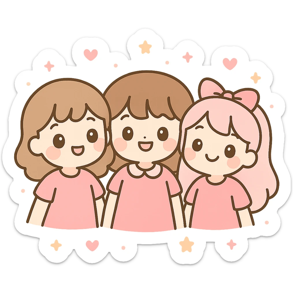 three girl best friends, cute cartoon style, top half of their bodies visible, all wearing pink, smiling, cheerful expressions sticker