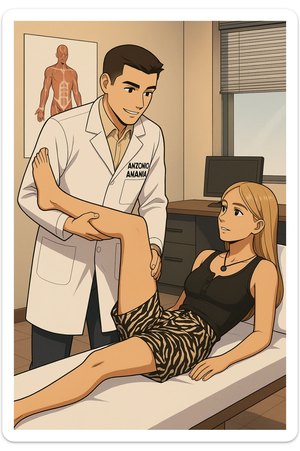 fai un webtoon/manga a colori con questo kinesiologo in camice bianco (fagli la scritta "ANTONIO ANANIA" SUL CAMICE) CHE SVOLGE UN TEST NEUROMUSCOLARE SOLLEVANDO UNA GAMBA ALLA RAGAZZA CHE è STESA SU UN LETTINO BIANCO. DURANTE IL TEST I DUE DIALOGANO TRA LORO. NON FARE I FUMETTI, FAI SOLO LORO COME SE DIALOGASSERO sticker